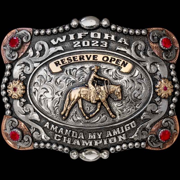 The magic of Kansas City comes within this unique custom belt buckle! Built with six stones, silver scrolls and bronze corners. Personalize it as the perfect western gift or award!